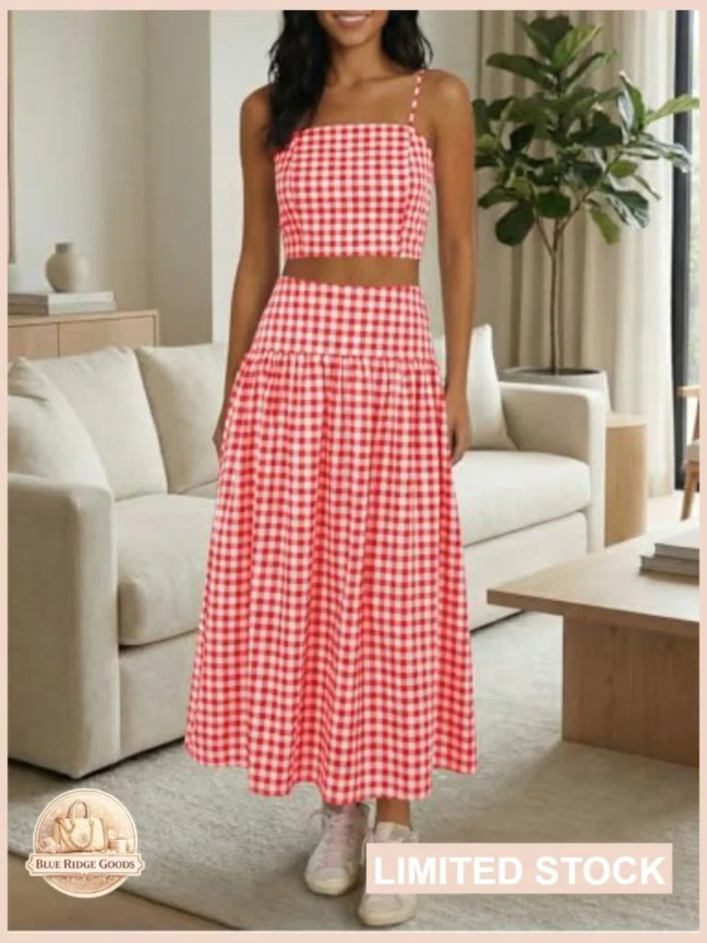 Gingham Crop Tank Midi Skirt Set Vacation Travel Outfits Matching Co Ord